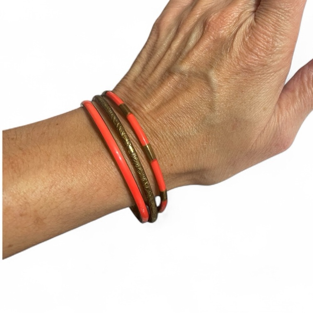 Set of Vintage Brass and Coral-Colored Bangle Bracelets